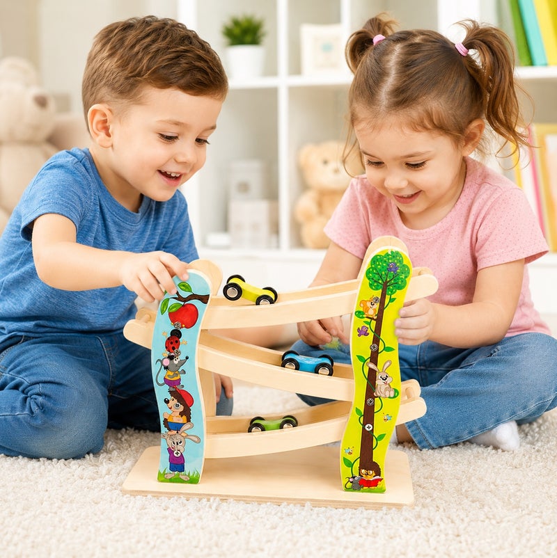 SPARKERR Wooden Car Racetrack, Toy car racing Track, Ramp Racer With 4 Mini Cars Set, Educational Creative Toddler Toy for Kids, Little Boy and Girl at Home or for Gifting - Image 2