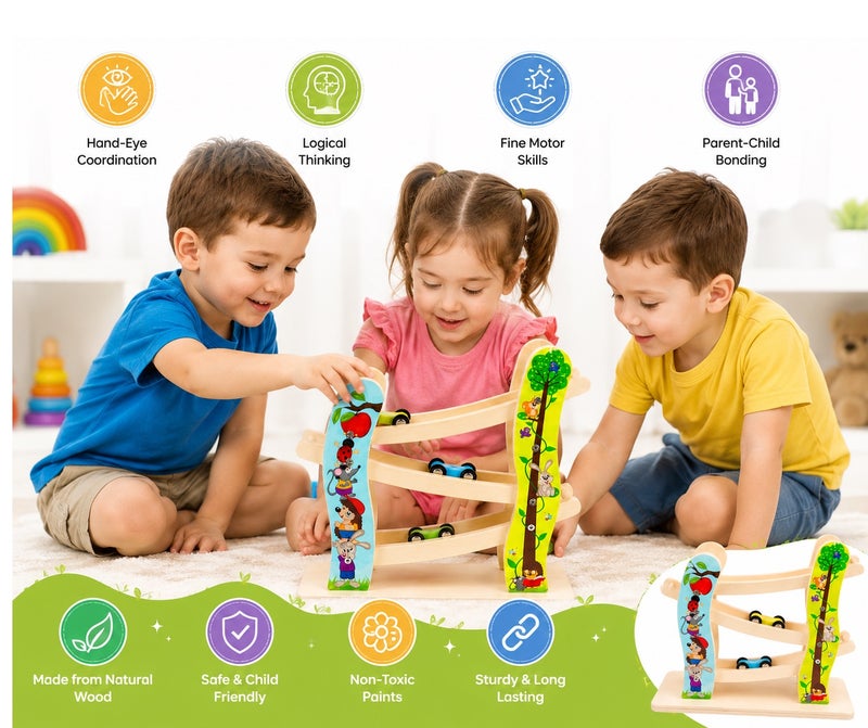 SPARKERR Wooden Car Racetrack, Toy car racing Track, Ramp Racer With 4 Mini Cars Set, Educational Creative Toddler Toy for Kids, Little Boy and Girl at Home or for Gifting - Image 3