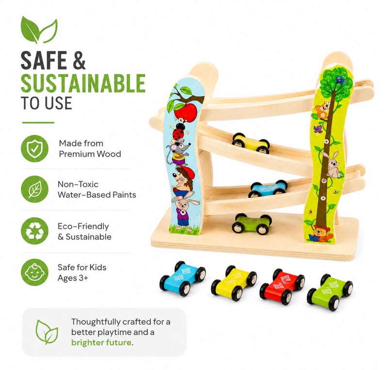 SPARKERR Wooden Car Racetrack, Toy car racing Track, Ramp Racer With 4 Mini Cars Set, Educational Creative Toddler Toy for Kids, Little Boy and Girl at Home or for Gifting - Image 4