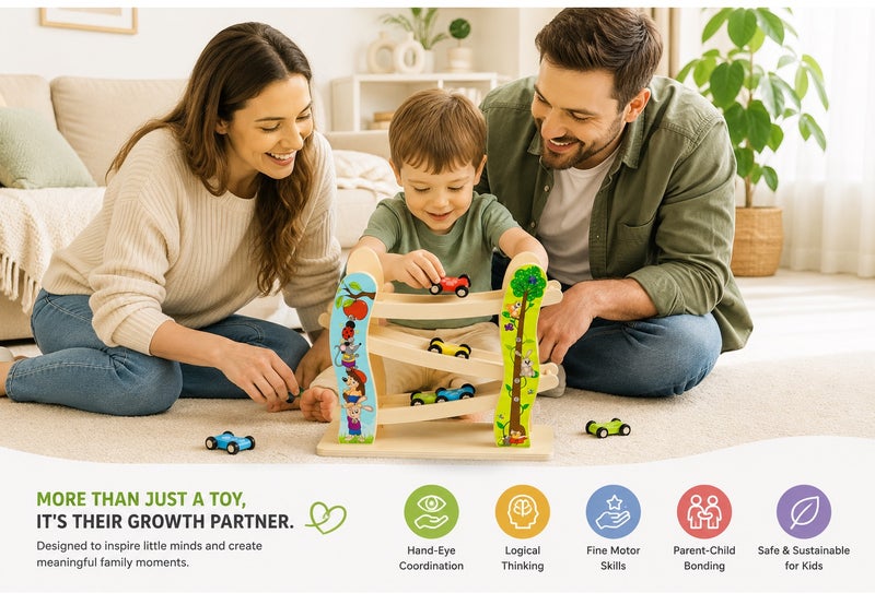SPARKERR Wooden Car Racetrack, Toy car racing Track, Ramp Racer With 4 Mini Cars Set, Educational Creative Toddler Toy for Kids, Little Boy and Girl at Home or for Gifting - Image 5
