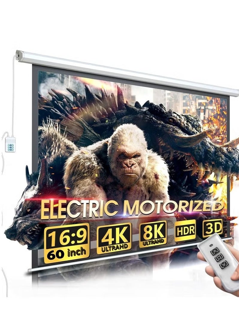 Flash Hawk 60 Inch 16:9 Wall Mount Electric Projector Screen Motorized Projection Curtain with Remote Control For Home Cinema/Home Theater/Home Gaming/Home Party  - Image 1