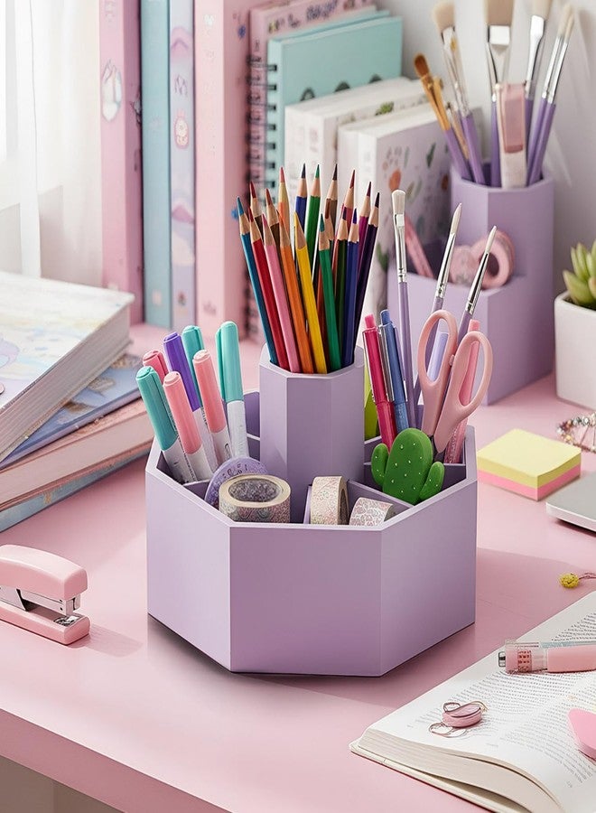 Fiwochic 360° Rotating Pencil Holder for Desk Bamboo Rotating Marker Pen Desk Organizer Art Supply Gifts or Desktop Storage Caddy, Crayon, Marker, Pencil(Light Purple) - Image 3