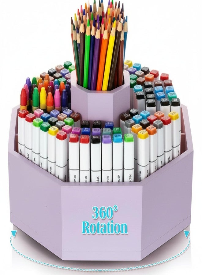 Fiwochic 360° Rotating Pencil Holder for Desk Bamboo Rotating Marker Pen Desk Organizer Art Supply Gifts or Desktop Storage Caddy, Crayon, Marker, Pencil(Light Purple) - Image 1