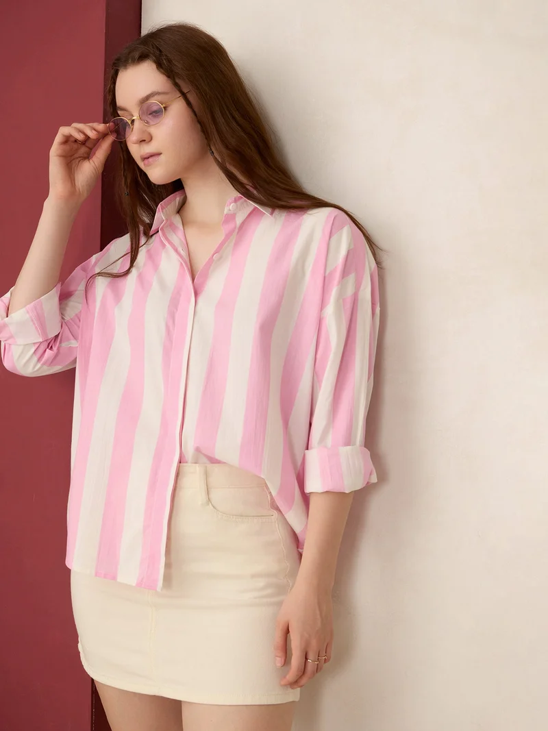 OUTZIDR Pink Striped Oversized Shirt