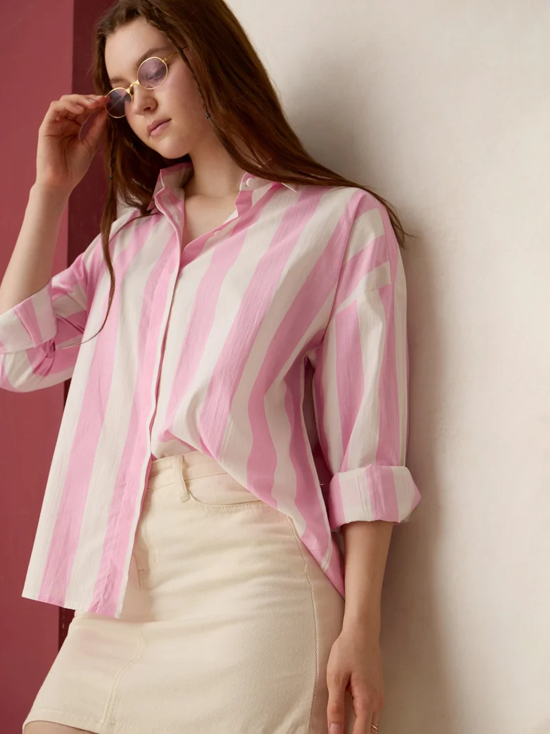 Outzidr pink Pink Striped Oversized Shirt for Women | Best Price UAE