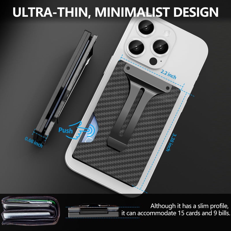 BESSIO Magnetic Phone Wallet Compatible with Apple MagSafe - Metal Card Holder with AirTag Holder, RFID Blocking & Money Clip Mag Safe Wallet for iPhone 16 15 14 13 12 Pro Max/Pro/Plus/Mini, Carbon Fiber - Image 5