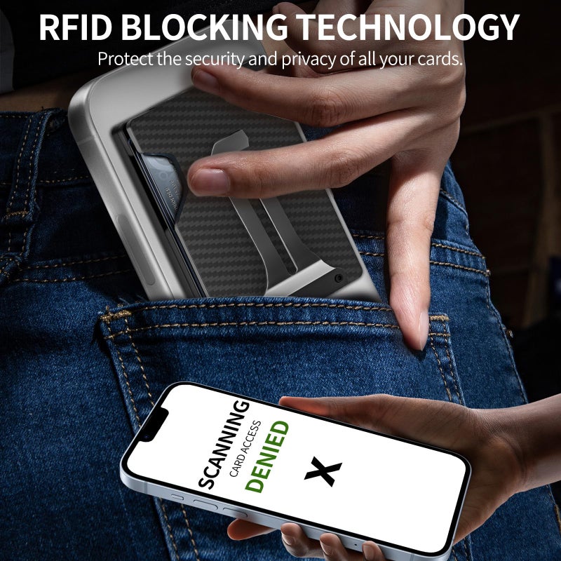 BESSIO Magnetic Phone Wallet Compatible with Apple MagSafe - Metal Card Holder with AirTag Holder, RFID Blocking & Money Clip Mag Safe Wallet for iPhone 16 15 14 13 12 Pro Max/Pro/Plus/Mini, Carbon Fiber - Image 4