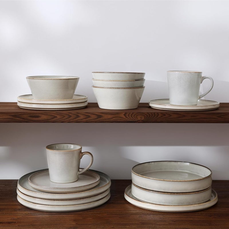 Famiware طقم أطباق وأوعية فامي وير آنسي سيراميك للطعام لـ 8 أشخاص 24 قطعة طقم أطباق مع حافة مرتفعة زجاجة تفاعلية أدوات المائدة آمنة في الميكروويف وغسالة الصحون رمادي وأبيض - Image 5