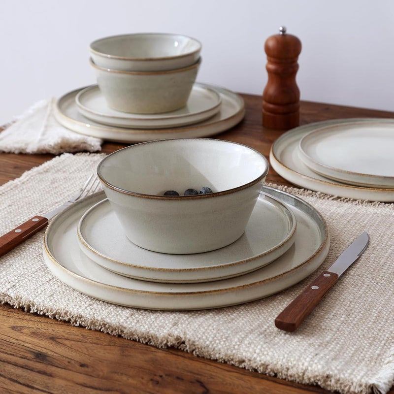 Famiware طقم أطباق وأوعية فامي وير آنسي سيراميك للطعام لـ 8 أشخاص 24 قطعة طقم أطباق مع حافة مرتفعة زجاجة تفاعلية أدوات المائدة آمنة في الميكروويف وغسالة الصحون رمادي وأبيض - Image 4