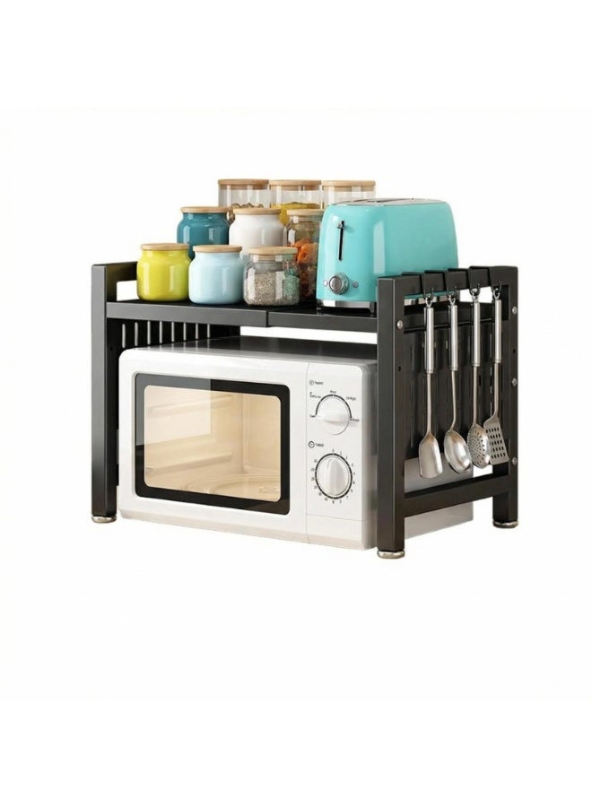 SALADAYS Expandable Microwave Stand, 2 Tier Microwave oven Rack with 8 Hooks, Height Adjustable Oven Stand for Kitchen, Width 40–60cm Freely Adjustable, Kitchen Shelf Organiser Black - Image 1