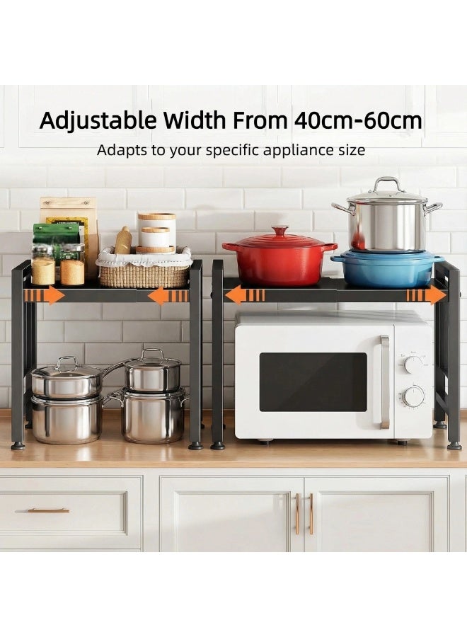 SALADAYS Expandable Microwave Stand, 2 Tier Microwave oven Rack with 8 Hooks, Height Adjustable Oven Stand for Kitchen, Width 40–60cm Freely Adjustable, Kitchen Shelf Organiser Black - Image 3