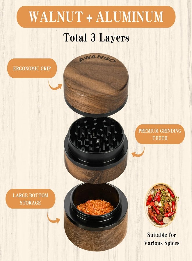 AWANSO 3-Piece Grinder, 2.5" Walnut Wood & Aluminum Grinder for Kitchen Spices with Large Bottom Chamber - Image 2