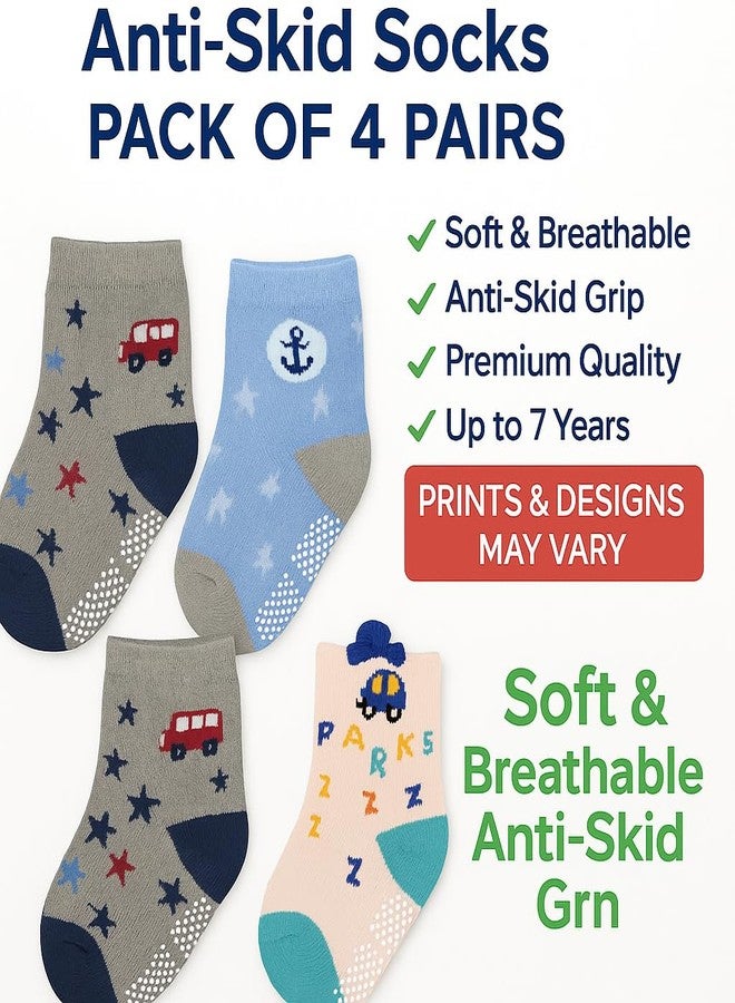 CUTEABLY Baby Anti-Slip Cotton Socks, Assorted Prints with Cars and Nautical Designs, Lightweight, Pack of 4 (IN, Age, 18 Months, 24 Months, Pack of 4) - Image 2