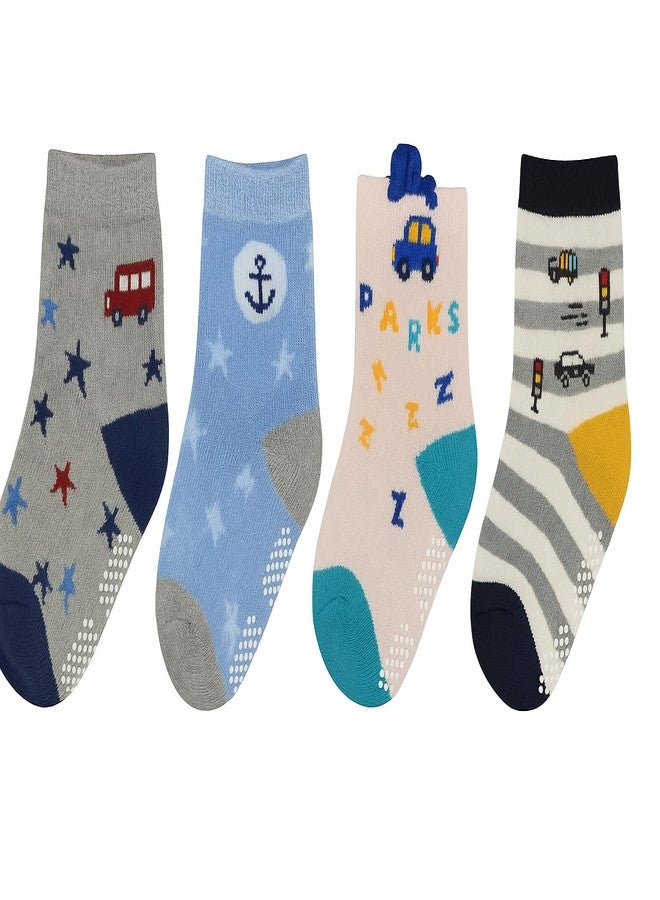 CUTEABLY Baby Anti-Slip Cotton Socks, Assorted Prints with Cars and Nautical Designs, Lightweight, Pack of 4 (IN, Age, 18 Months, 24 Months, Pack of 4) - Image 1