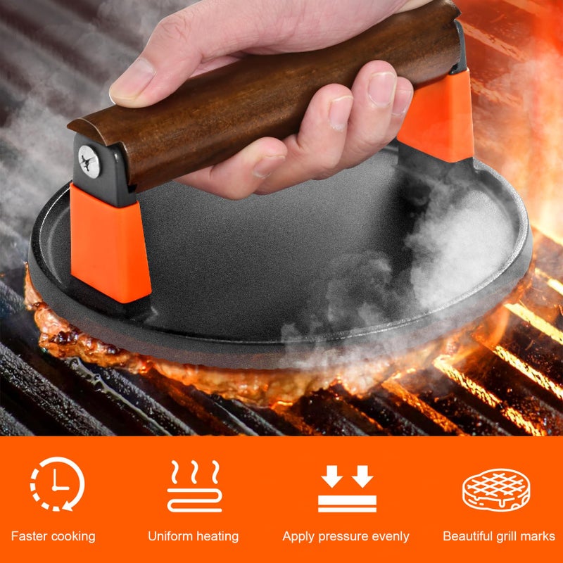 GGC Smash Burger Press, Cast Iron Bacon Press for Hamburger, Steak, Bacon, Sandwiches, 7" Round Meat Press with Wooden Handle for Grill and Griddle Cooking(10Pcs Patty Paper) - Image 4