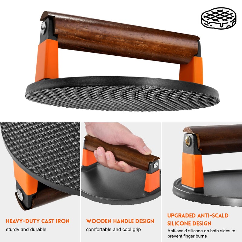GGC Smash Burger Press, Cast Iron Bacon Press for Hamburger, Steak, Bacon, Sandwiches, 7" Round Meat Press with Wooden Handle for Grill and Griddle Cooking(10Pcs Patty Paper) - Image 3