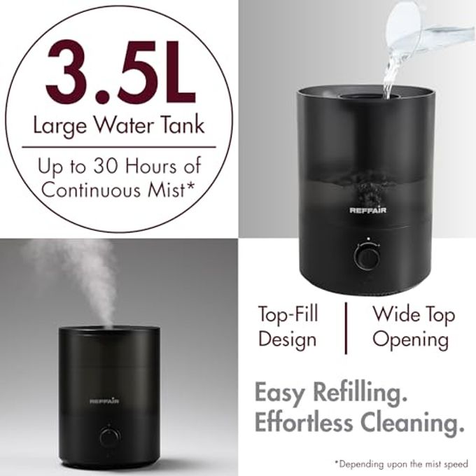 REFFAIR Caligo 200 3.5L Smart Cool Mist Ultrasonic Humidifier for Bedroom, Top-Fill, Auto Humidity Adjustment, Essential Oil Diffuser, Ideal for Baby Nursery and Indoor Plants (Black) - Image 2