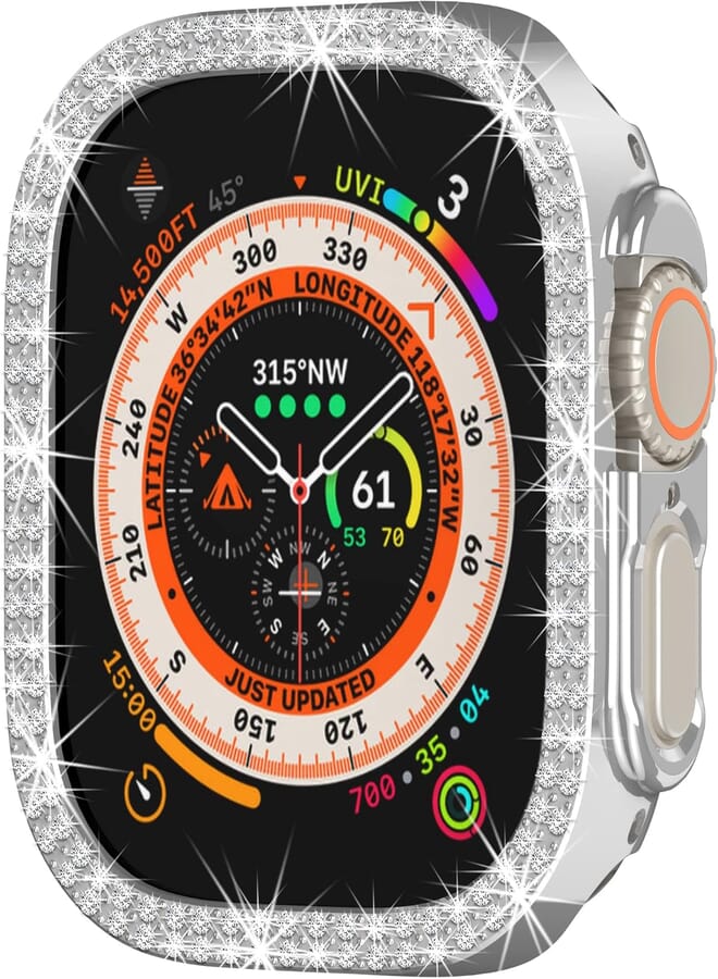 Yrzper Compatible with Apple Watch Ultra 2 /Apple Watch Ultra 49mm Double Row Bling Diamond Case PC Bumper Protective Cases Women Girls Crystal Shining Rhinestone Cases Smartwatch Accessories Case (Silver)