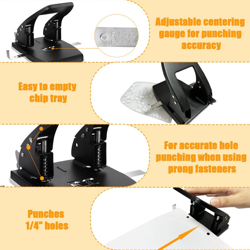 Ysglory 2 Hole Punch with 100 Prong Paper Fastener Heavy Duty Paper Two Hole Punchers for Paper File Folder Binder, Padded Handle, 30 Sheet Capacity, Black - Image 4