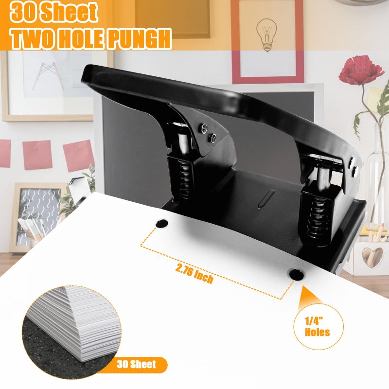 Ysglory 2 Hole Punch with 100 Prong Paper Fastener Heavy Duty Paper Two Hole Punchers for Paper File Folder Binder, Padded Handle, 30 Sheet Capacity, Black - Image 2