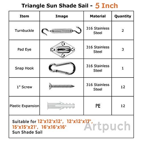 Artpuch Sun Shade Sail Hardware Kit 5 Inch for Triangle Sun Shade Sail Outdoor Installation 304 Stainless Steel - Image 5