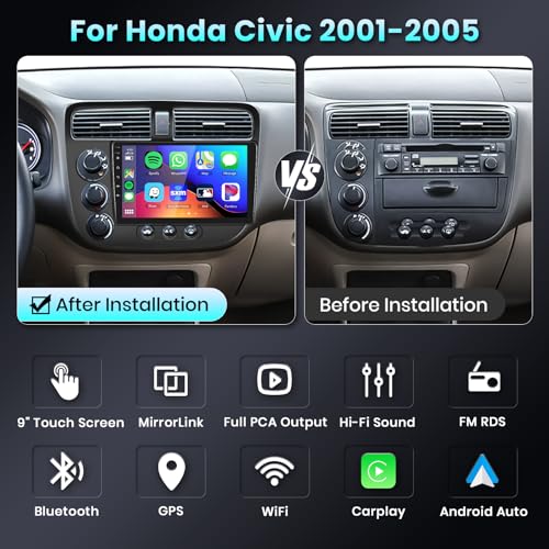 Podofo Built-in DSP Car Stereo Radio for Honda Civic 2001 2002 2003 2004 2005 with Wireless CarPlay Android Auto MirrorLink Podofo 9 inch HD IPS Touch Screen Bluetooth GPS WiFi Backup Camera Mic - Image 2