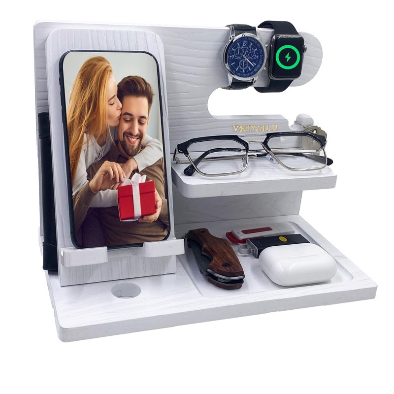 VEIYAILU Gifts for Women Girlfriend Men Him Husband Boyfriend Son Boss Wood Phone Docking Station Nightstand Organizer Anniversary Birthday Gifts (White) - Image 1