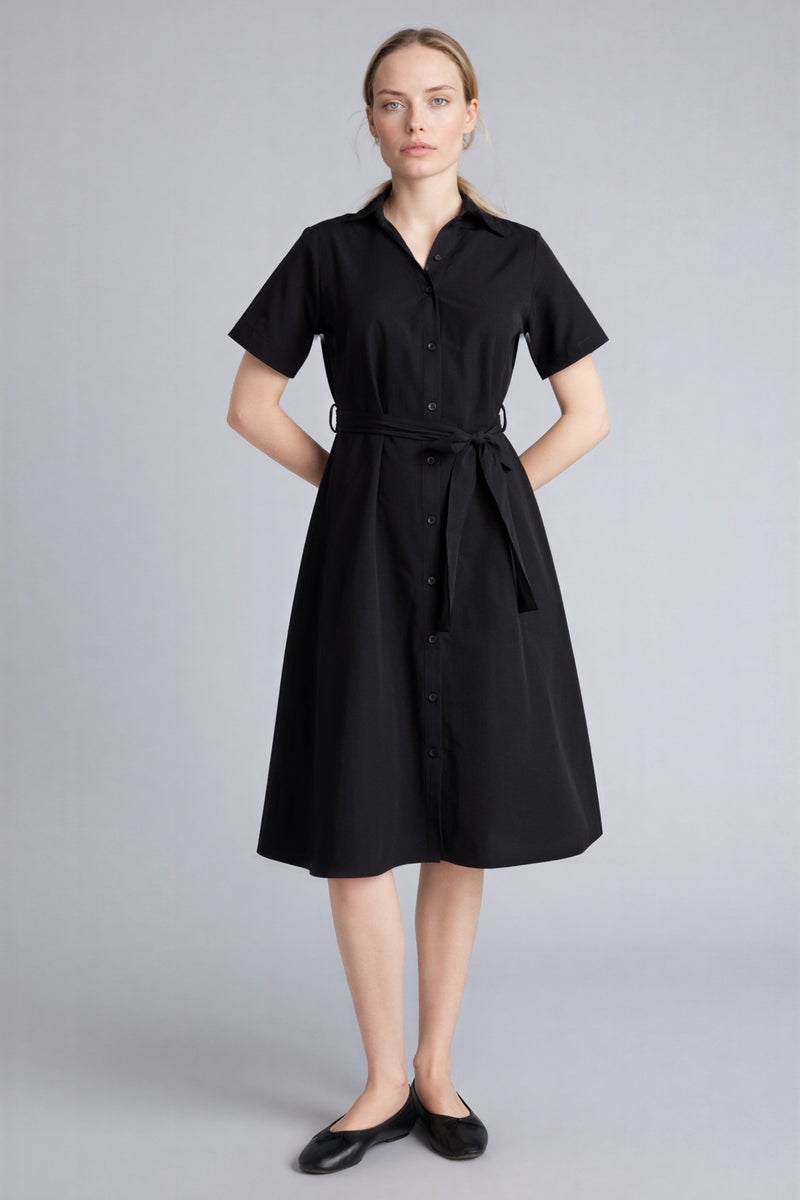 DeFacto Black Woman A-Line Shirt Collar Poplin Short Sleeve Dress Casual - Image 1