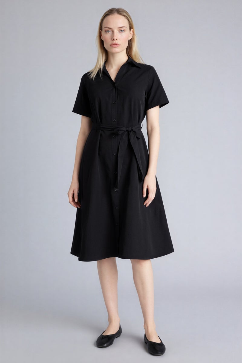 DeFacto Black Woman A-Line Shirt Collar Poplin Short Sleeve Dress Casual - Image 2