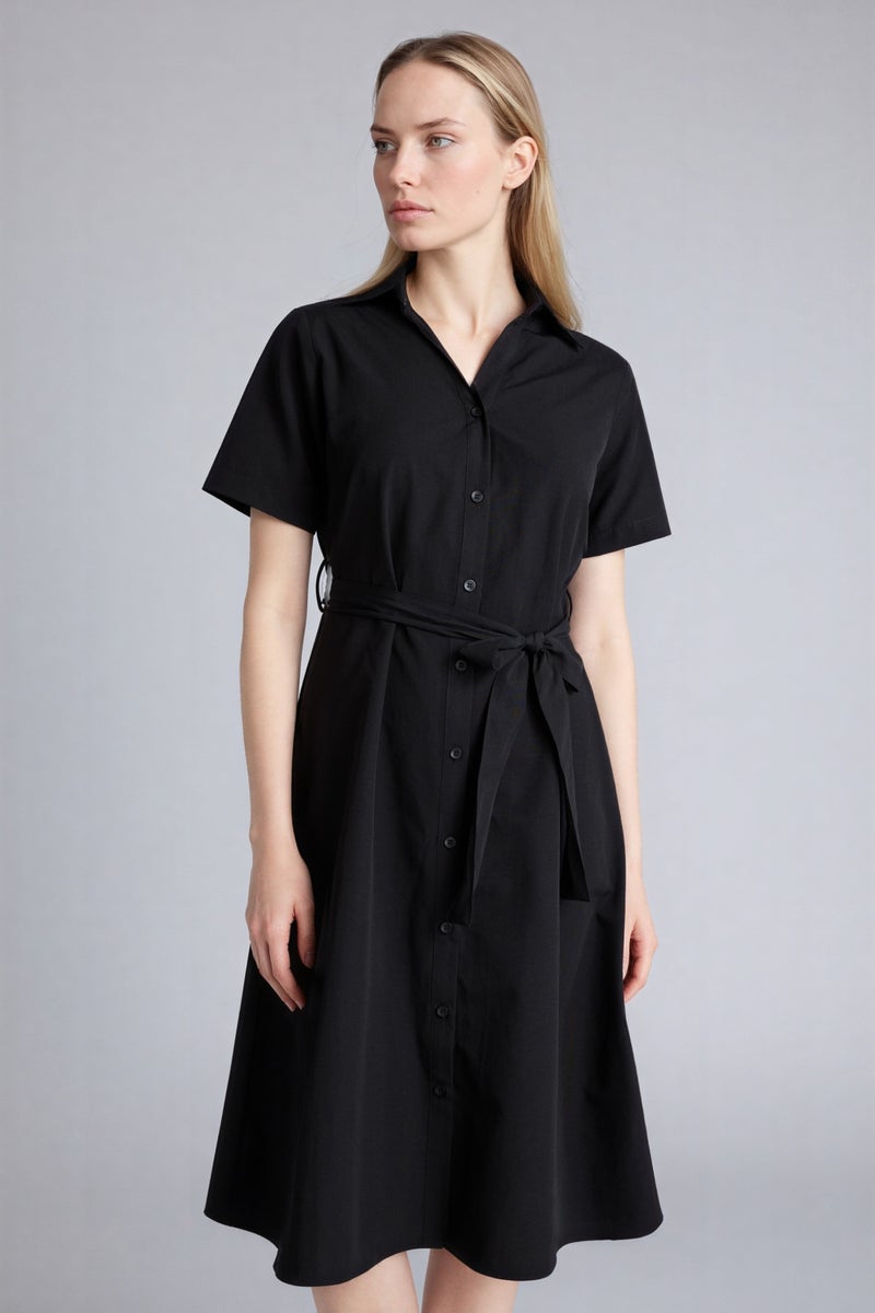 DeFacto Black Woman A-Line Shirt Collar Poplin Short Sleeve Dress Casual - Image 3