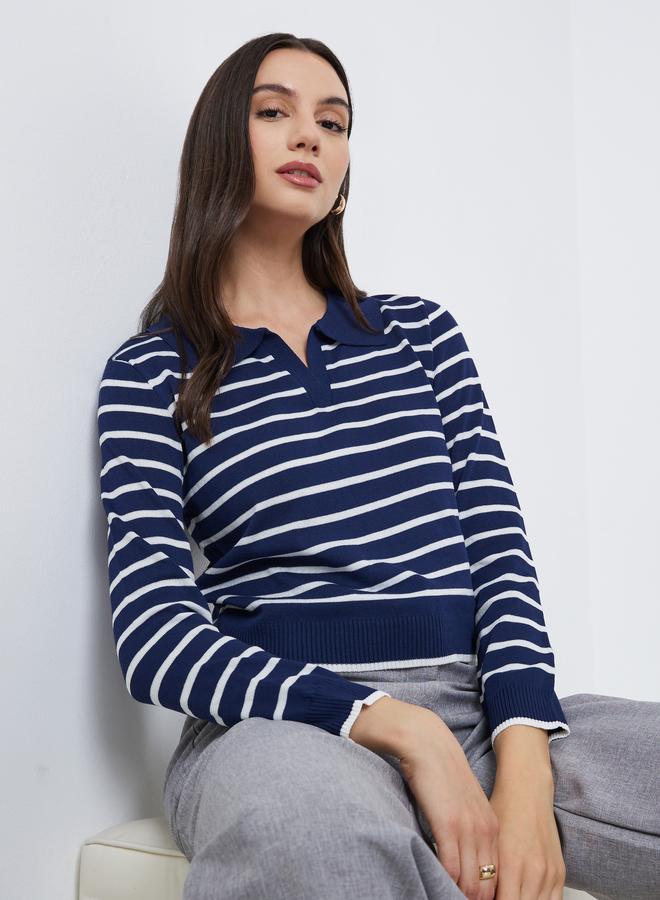 Take Two Navy Striped Polo Neck Sweater - Image 1