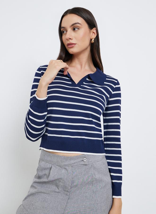 Take Two Navy Striped Polo Neck Sweater - Image 3