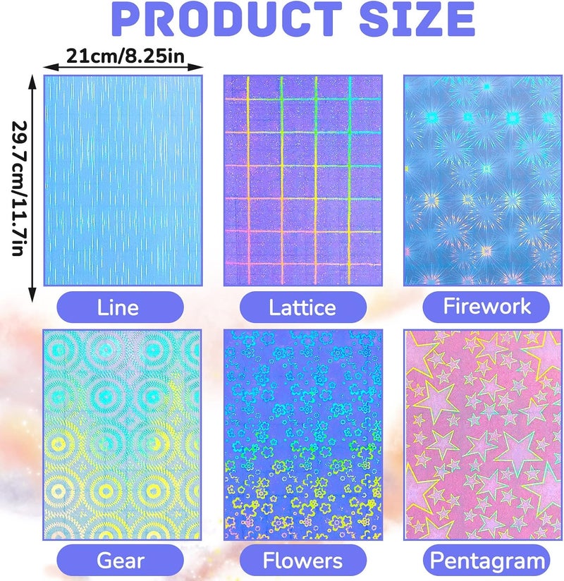 Easy clean surface 36 Sheets Holographic Sticker Paper Clear A4 Vinyl Sticker Paper Self Adhesive Waterproof Transparent Film Gem Spot Rainbow Star Bow Heart Snow Patterns, 11.7 x 8.3 Inch (Dazzling Style) Easy transit optimized build - Image 2