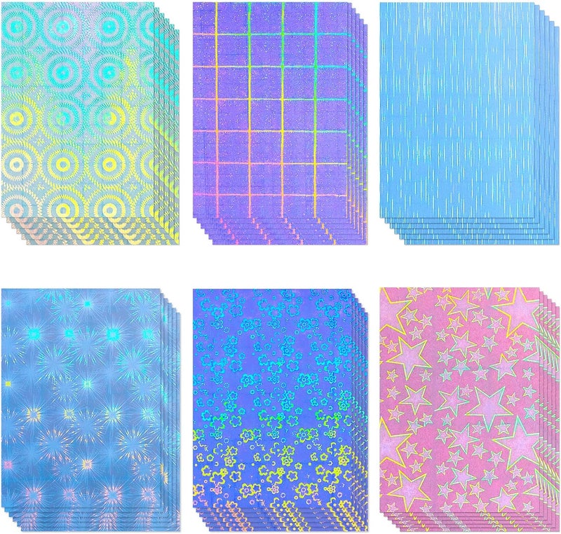 Easy clean surface 36 Sheets Holographic Sticker Paper Clear A4 Vinyl Sticker Paper Self Adhesive Waterproof Transparent Film Gem Spot Rainbow Star Bow Heart Snow Patterns, 11.7 x 8.3 Inch (Dazzling Style) Easy transit optimized build - Image 1