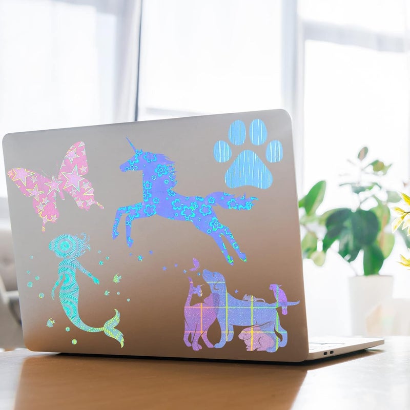 Easy clean surface 36 Sheets Holographic Sticker Paper Clear A4 Vinyl Sticker Paper Self Adhesive Waterproof Transparent Film Gem Spot Rainbow Star Bow Heart Snow Patterns, 11.7 x 8.3 Inch (Dazzling Style) Easy transit optimized build - Image 5