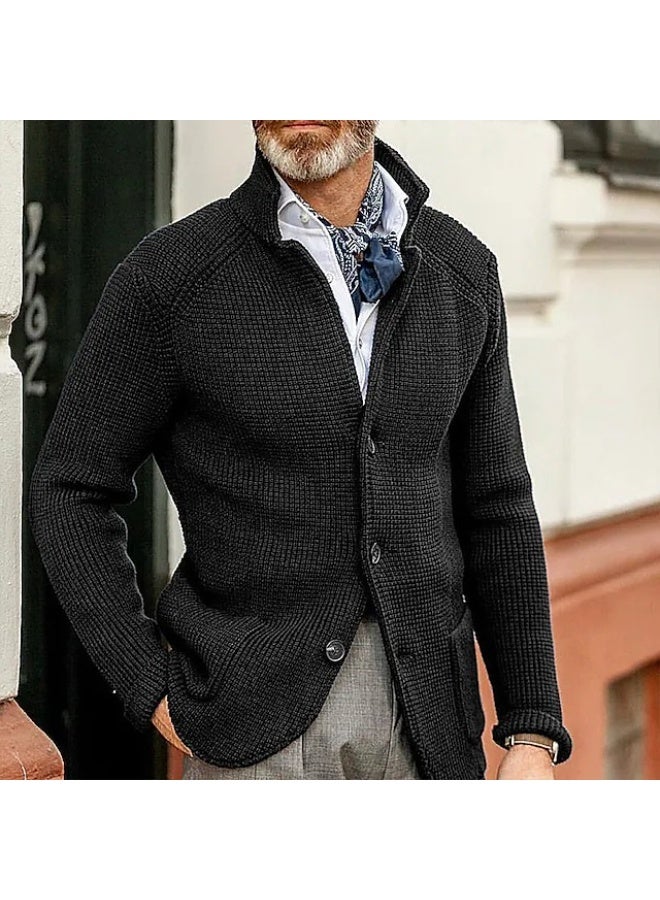 NIBEMINENT Men's Solid Casual Knitwear Sweater Thick Warm Stand Collar Cardigan Tops Elegant Knitted Coats Autumn Winter Male Sweaters - Image 1