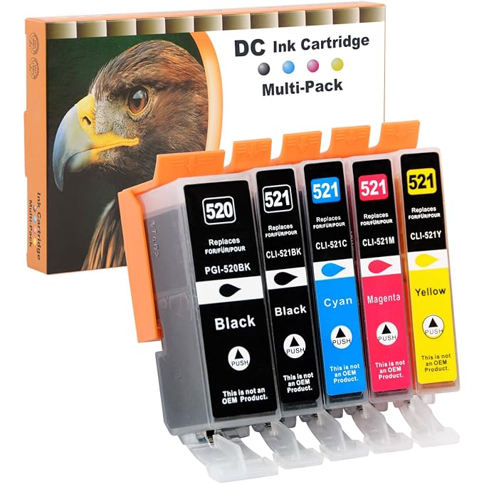 D&C 5x Compatible Ink Cartridges for PGI-520 CLI-521 for Pixma IP3600 IP4600 IP4600X IP4700 MP540 MP550 MP560 MP620 MP630 MP640 MP640R MP980 MP990 MX860 MX870 Series (Pack of 5)