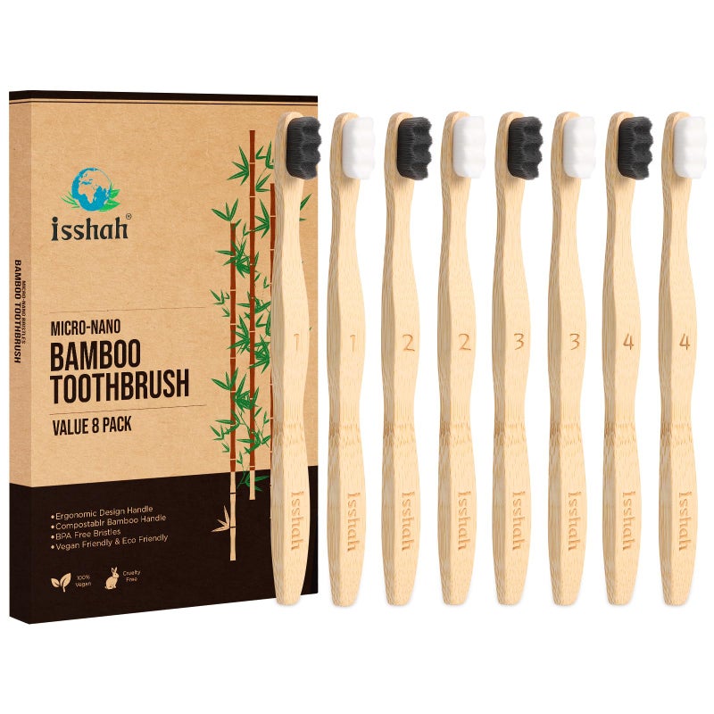 Isshah Extra Soft Bamboo Toothbrush Micro Nano 20000 Bristles Toothbrushes for Sensitive Gum FSC Certified and PETA Approved Pack of 8 - Image 1