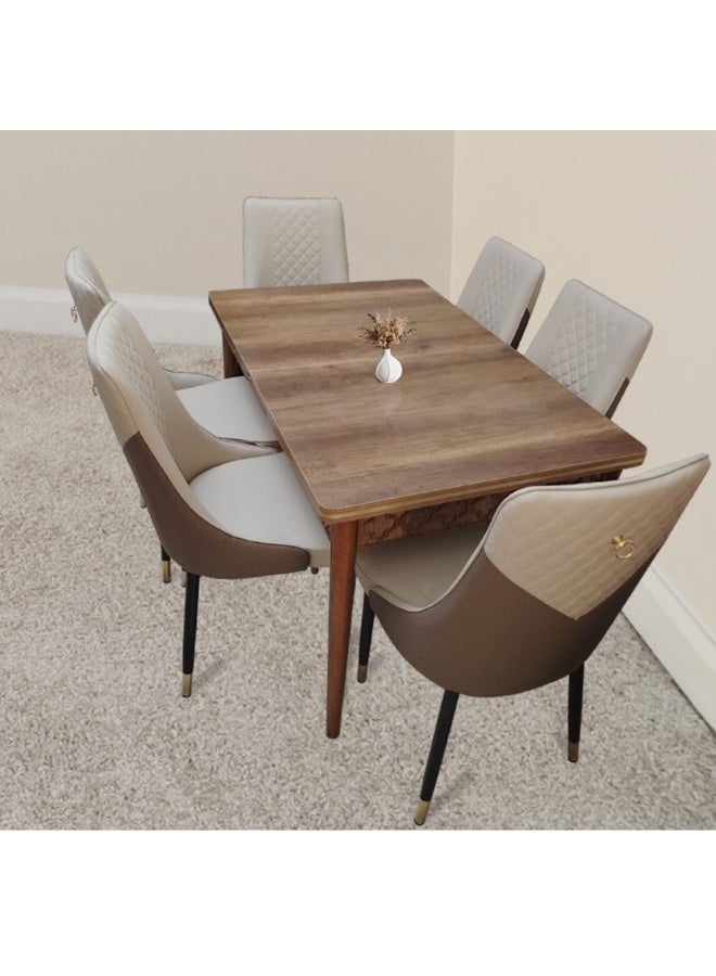 LHFHOMT-7-Pieces Dining Set, (Free Installation) 1 Piece MDF Top Rectangular Table With with 6 Upholstered Leather Chairs Modern Design Furniture for Home, Kitchen, Dining Room, Restaurant - Image 1