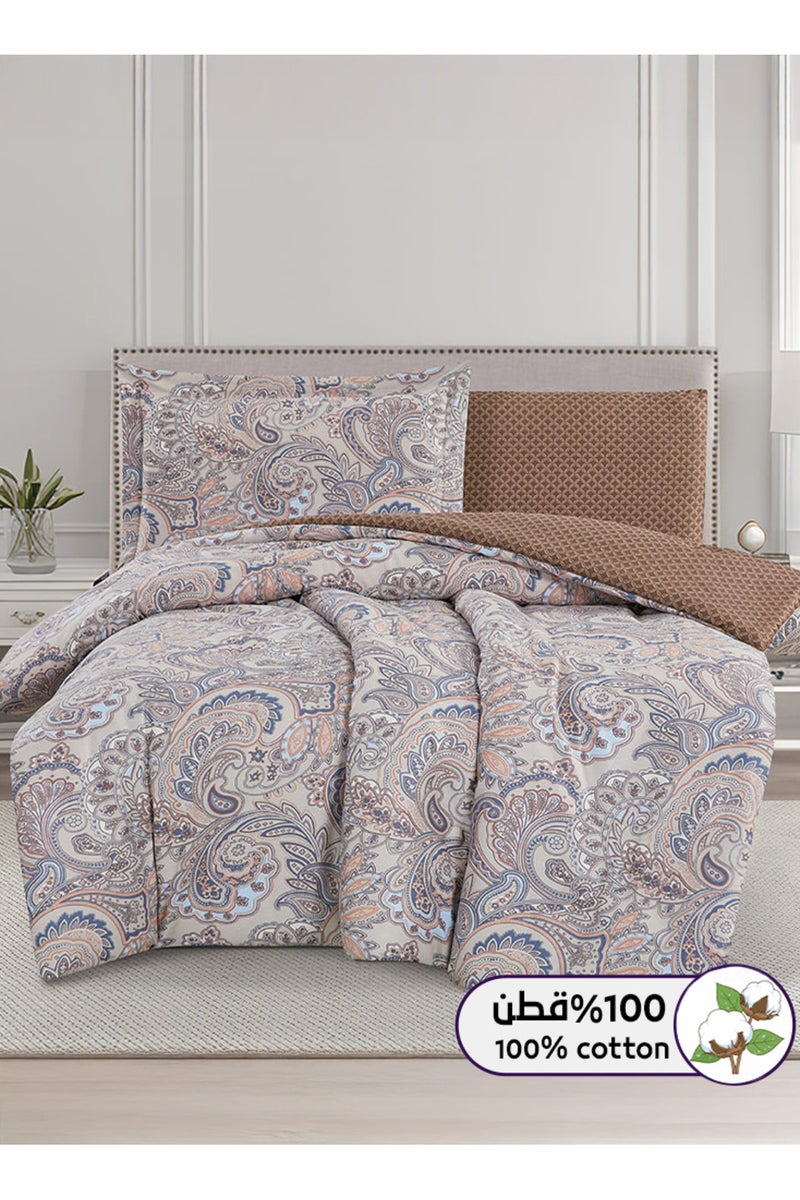 Melen Single  summer bed sheet set, 100% cotton - 4 pieces - fits a 200x120 bed - Valeria - Beige - Brown - Image 1