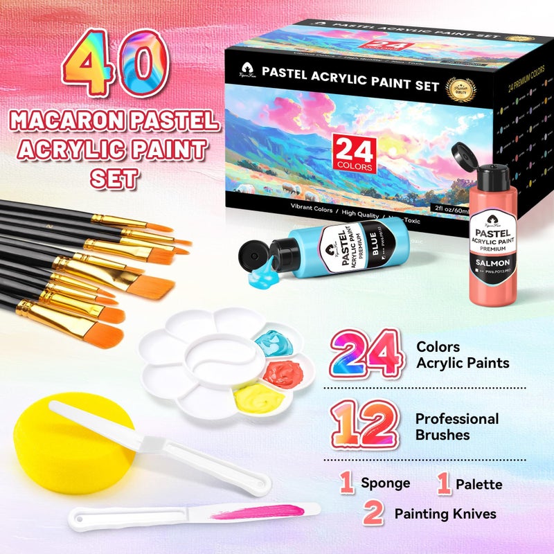 Vigorfun 40 Pcs Pastel Acrylic Paint Set with 12 Brushes, 2 Knives & Palette, 24 Colors (2oz/60ml) - for Adults, Artists & Beginners - Canvas Ceramic Rock Wood Egg Painting Kit - Image 2