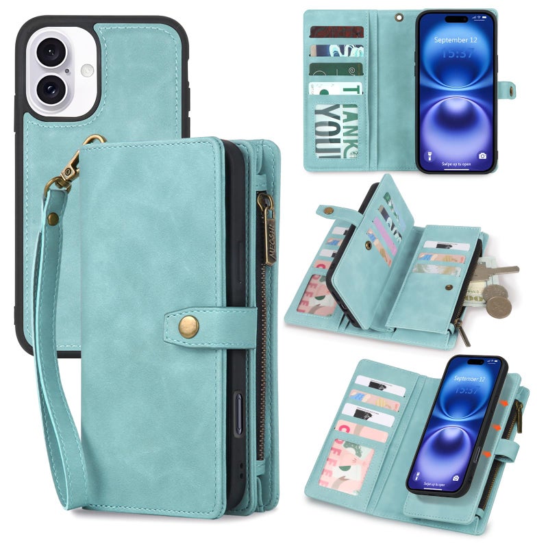 TwoHead Wallet Case Compatible with iPhone 16,Detachable Magnetic Phone Case,PU Leather All-Round Protective Case Wallet with Card Holder/Change Pocket,6.1 in,Blue - Image 1