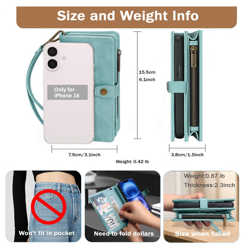 TwoHead Wallet Case Compatible with iPhone 16,Detachable Magnetic Phone Case,PU Leather All-Round Protective Case Wallet with Card Holder/Change Pocket,6.1 in,Blue - Image 5