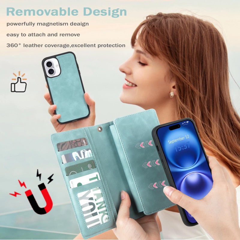 TwoHead Wallet Case Compatible with iPhone 16,Detachable Magnetic Phone Case,PU Leather All-Round Protective Case Wallet with Card Holder/Change Pocket,6.1 in,Blue - Image 3