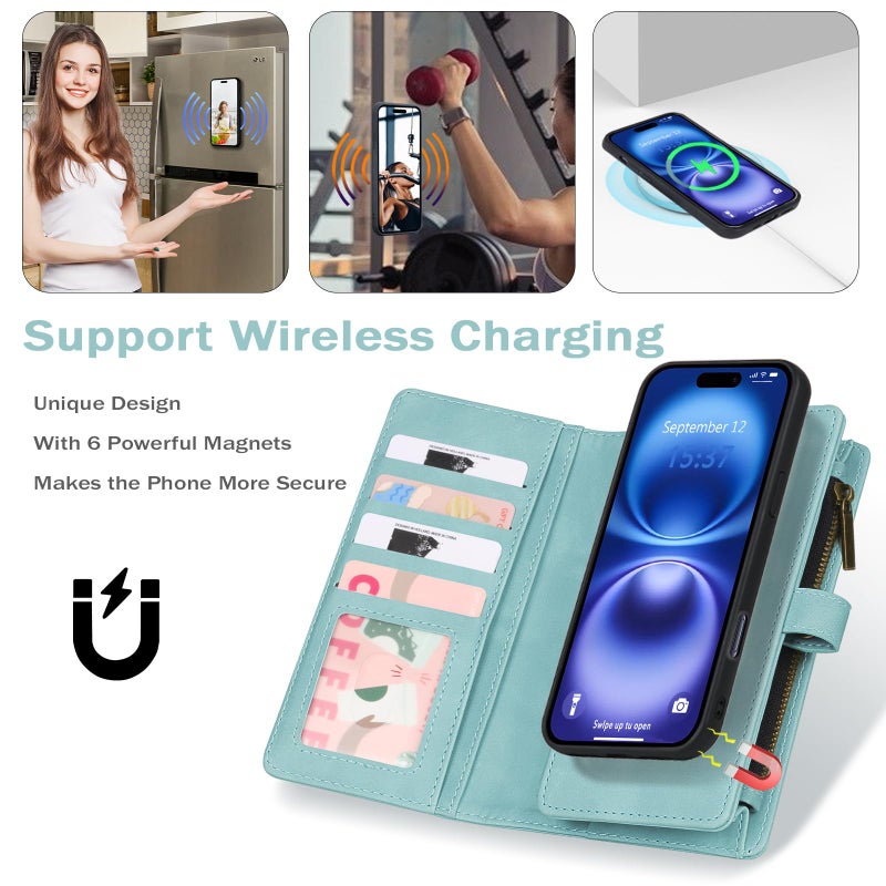 TwoHead Wallet Case Compatible with iPhone 16,Detachable Magnetic Phone Case,PU Leather All-Round Protective Case Wallet with Card Holder/Change Pocket,6.1 in,Blue - Image 4