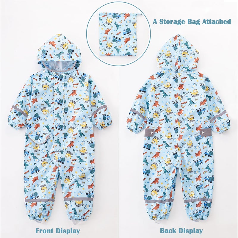 Fewlby Kids Toddler Rain Suit for Boys Girls One Piece Hoodie Zipper Cartoon Waterproof Coverall Rain Jacket 1-3 Years S Size - Image 5