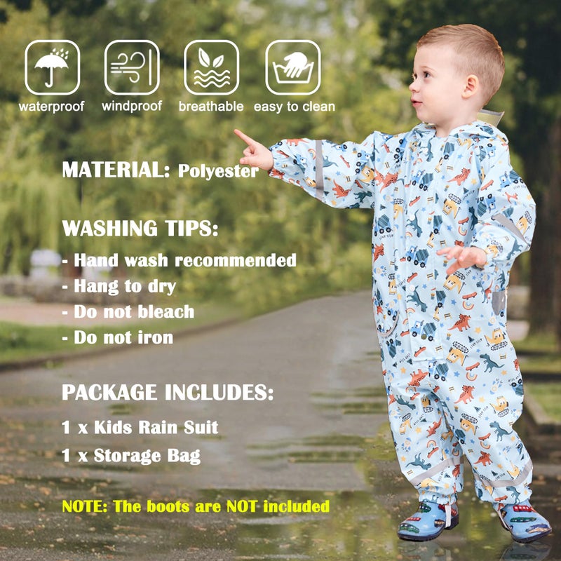 Fewlby Kids Toddler Rain Suit for Boys Girls One Piece Hoodie Zipper Cartoon Waterproof Coverall Rain Jacket 1-3 Years S Size - Image 3