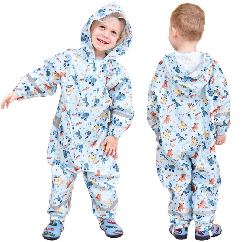 Fewlby Kids Toddler Rain Suit for Boys Girls One Piece Hoodie Zipper Cartoon Waterproof Coverall Rain Jacket 1-3 Years S Size - Image 1