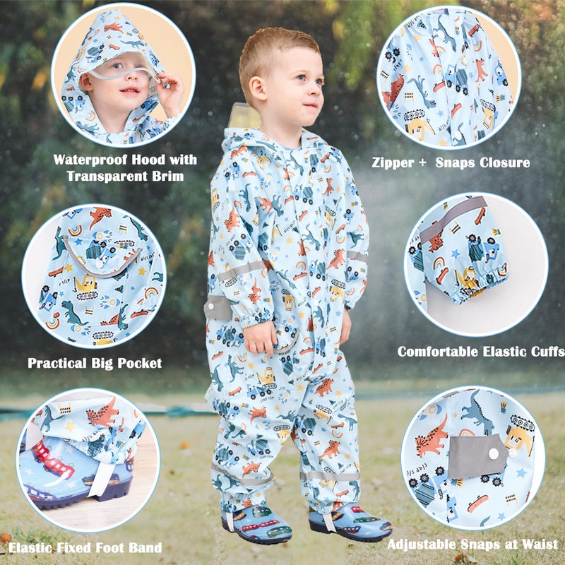 Fewlby Kids Toddler Rain Suit for Boys Girls One Piece Hoodie Zipper Cartoon Waterproof Coverall Rain Jacket 1-3 Years S Size - Image 2