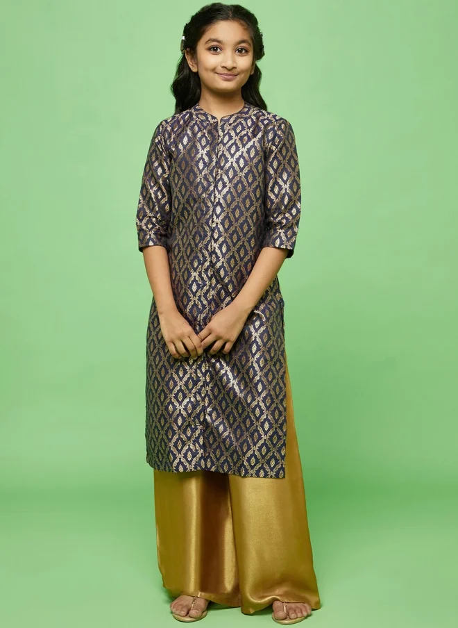 أيه كيه إس Navy Blue Ethnic Motif Kurta Set for Girls